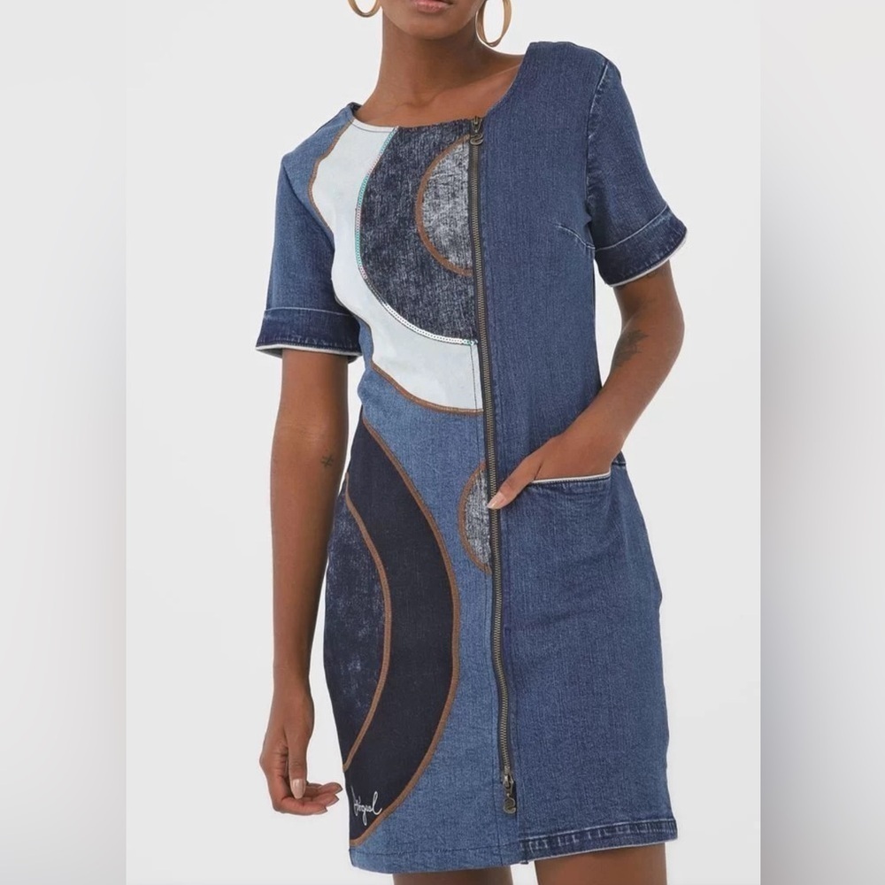NWT Desigual Blue Denim Short Sleeve Mini Jean Dress Size 34 US 4 - Picture 2 of 16